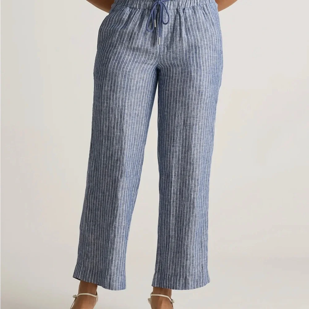 Quince Blue & White Striped Wide-Leg Drawstring Pants